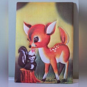 Vintage 1960s Puffy 3D Fabric Bambi & Flower Wall Art Disney Cottagecore Kitsch